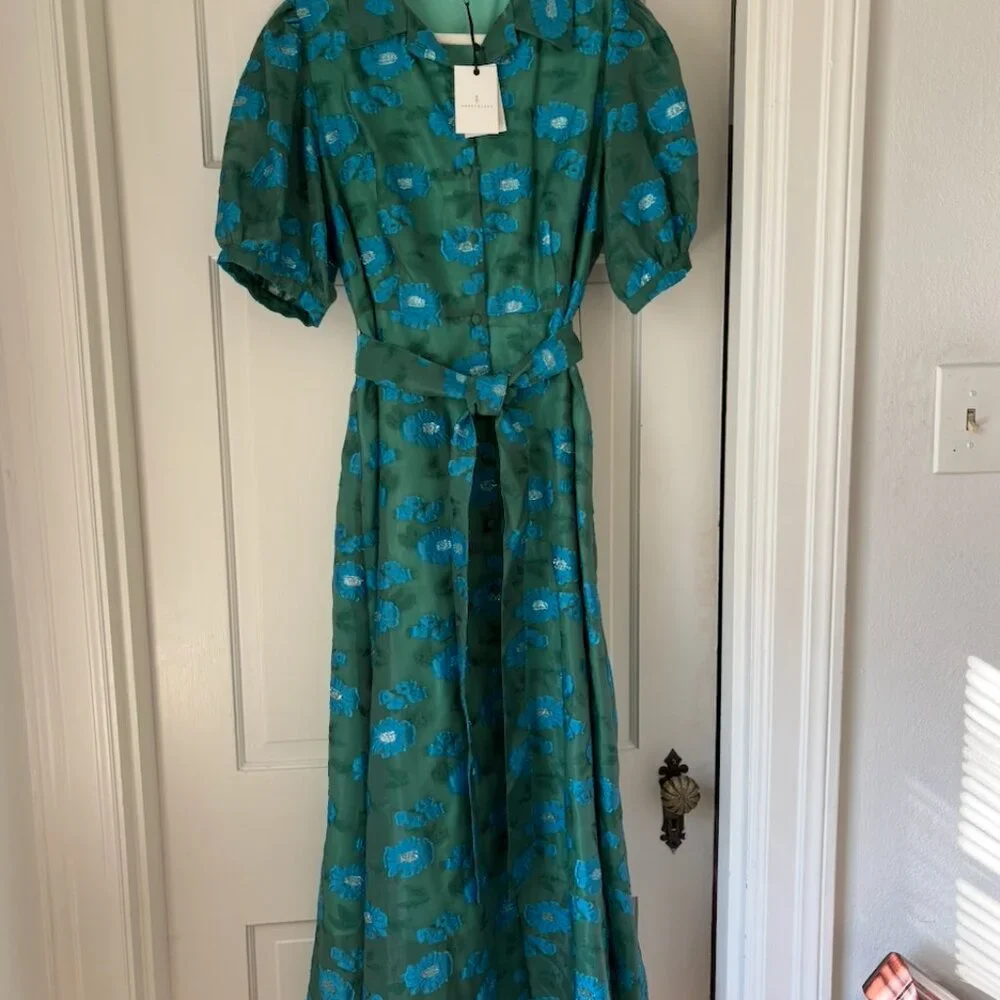 Green Floral Maxi Dress with Tie Waist - Picture 3 of 9